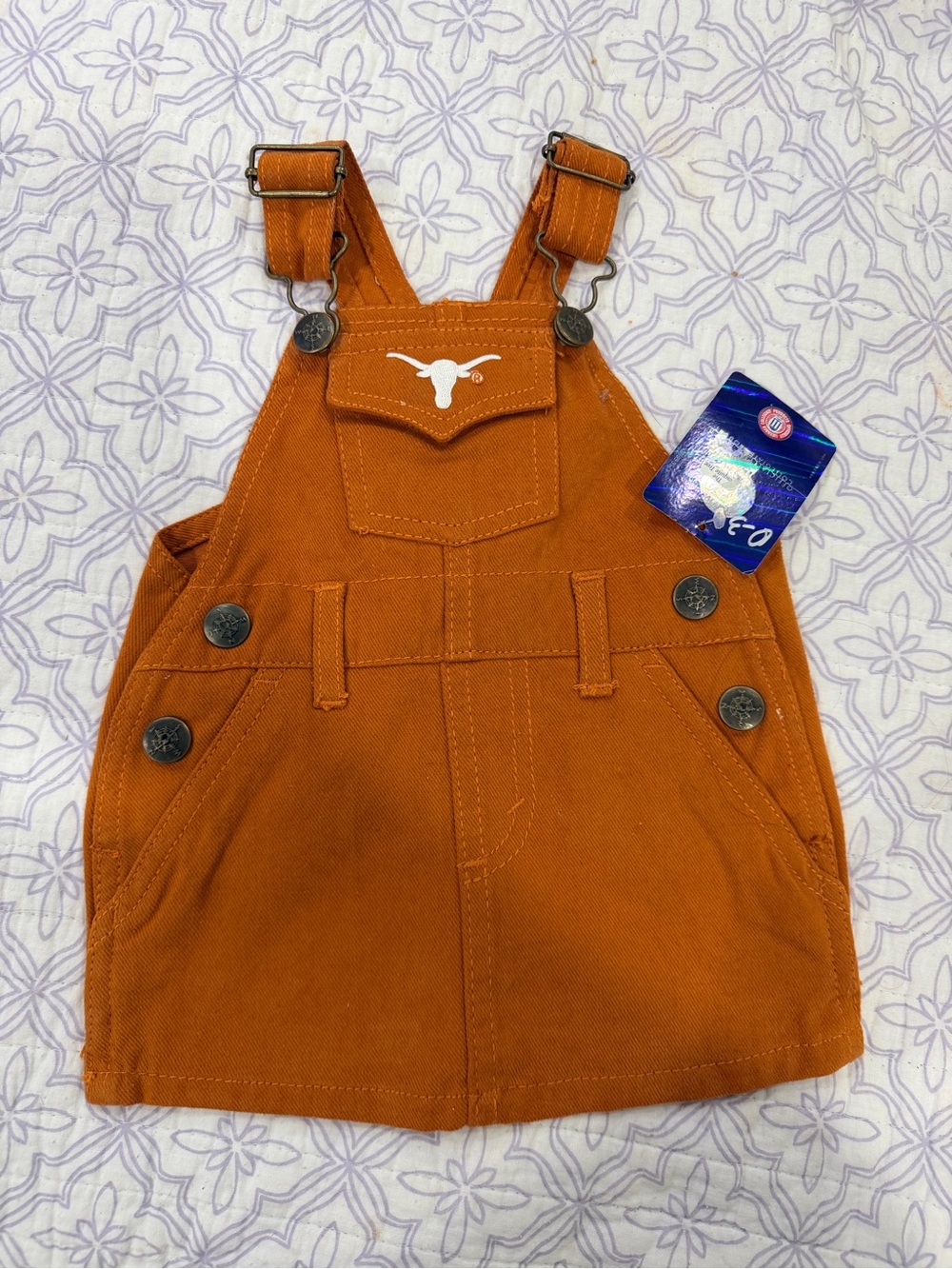 Creative Knitwear Baby Texas Longhorn Orange Cotton Overall Dress Patch 0-3M